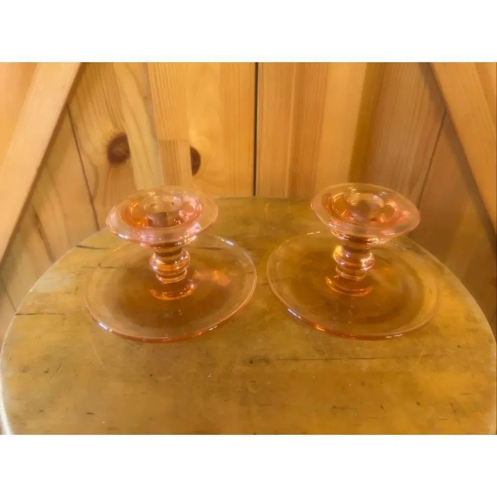 Set of 2 Vintage Pink Pressed Glass tapered Candle Holder 2.5" Tall 5" Base (599
